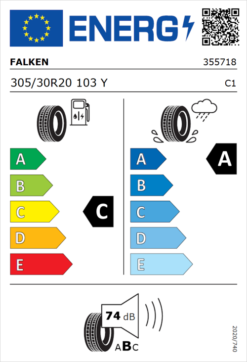 Tyre Label for Falken Azenis RS820 305/30R20 103Y