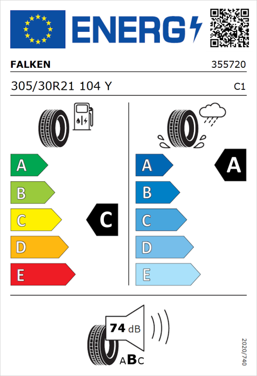 Tyre Label for Falken Azenis RS820 305/30R21 104Y