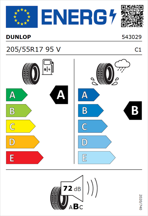 Tyre Label for Dunlop Sport BluResponse 205/55R17 95V